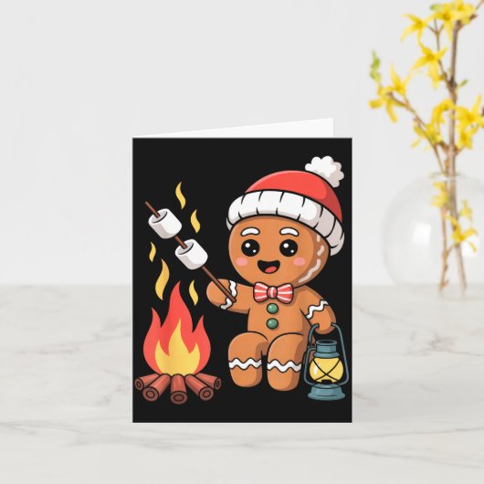 Gingerbread Marshmallow Roaster Camng Christmas  カード (黄色い花)