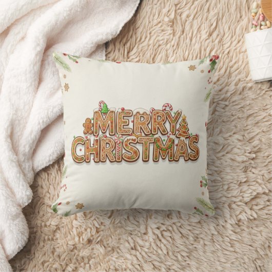 Gingerbread Merry Christmas Pillow – Festive Holid クッション (ブランケット)