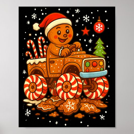 Gingerbread Monster Truck Christmas Snow Cute Xmas ポスター (正面)
