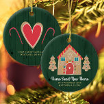 Gingerbread New Home Rustic Green Holiday Custom セラミックオーナメント<br><div class="desc">“Home Sweet New Home”. Here’s a wonderful way celebrate your 1st Christmas in your new home with this adorable, whimsical, chic, simple, modern, custom name Christmas ornament. A cute gingerbread house, cookie trees and playful script typography overlay a dark hunter green rustic wood background. Personalize with your names and year....</div>