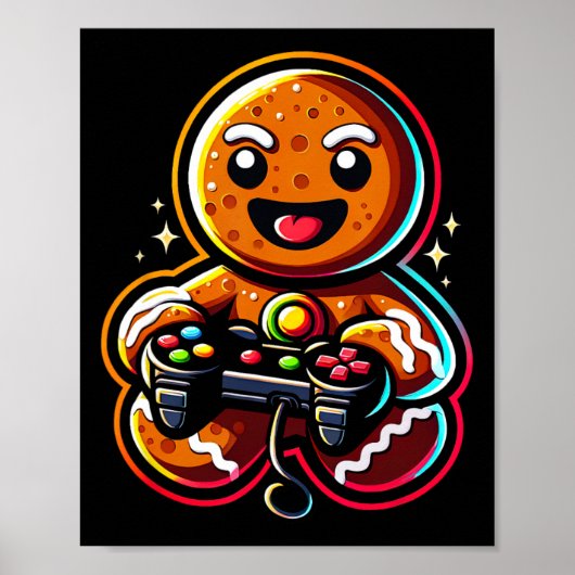 Gingerbread Playing Video Game Controller Gamer Ch ポスター (正面)