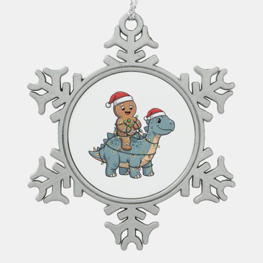 Gingerbread Riding A Dinosaur Santa Christmas スノーフレークピューターオーナメント (正面)