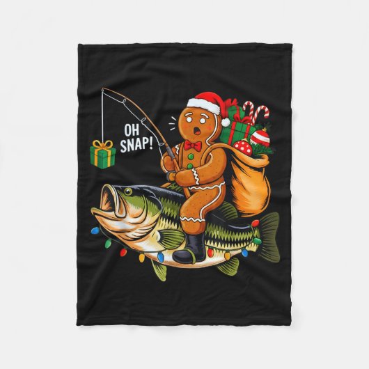 Gingerbread Riding B Fish Christmas Fishing Xmas P フリースブランケット (正面)