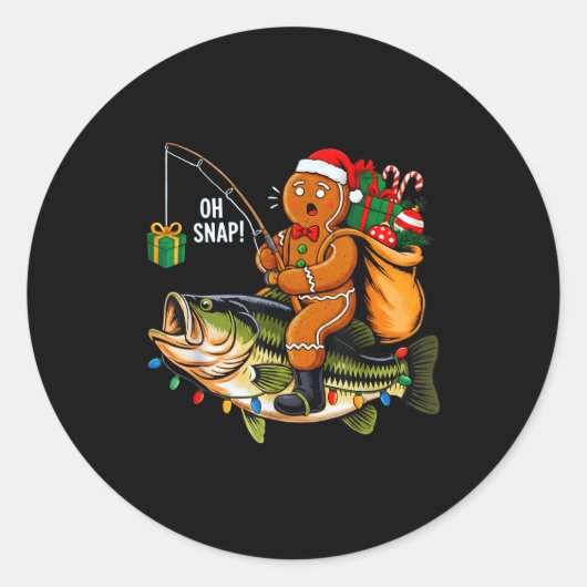 Gingerbread Riding B Fish Christmas Fishing Xmas P ラウンドシール (正面)
