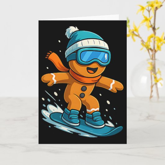 Gingerbread Snowboarder Christmas Holiday Snowboar カード (黄色い花)