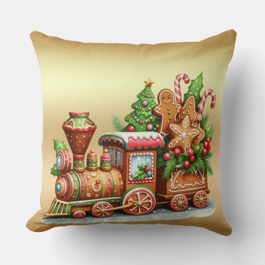 Gingerbread Train Holiday Throw Pillow クッション (正面)