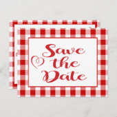 Gingham日付の赤結婚白チェックを保存 案内ポストカード (正面/裏面)