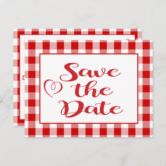 Gingham日付の赤結婚白チェックを保存 案内ポストカード (正面/裏面)