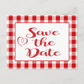 Gingham日付の赤結婚白チェックを保存 案内ポストカード (正面)