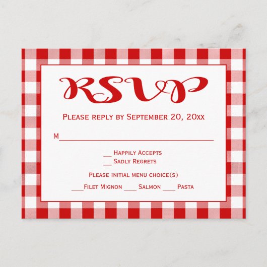 Gingham 素朴 RSVPのチ結婚ェック赤と白ス インビテーションポストカード (正面)