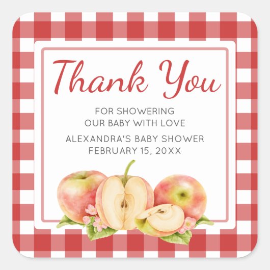 Gingham Apple of Our Eye Baby Shower スクエアシール (正面)