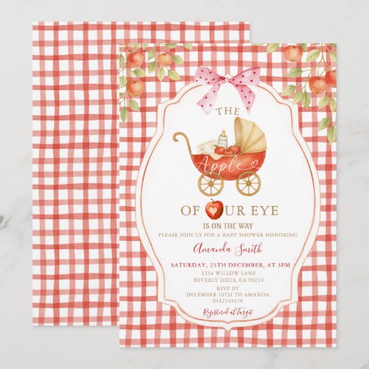 Gingham Apple of our Eye Baby Shower Carriage 招待状 (正面/裏面)