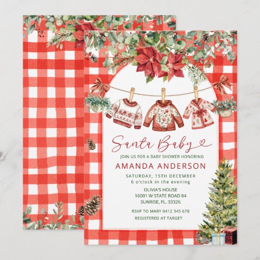 Gingham Baby Christmas Clotheslin Baby Shower 招待状 (正面/裏面)