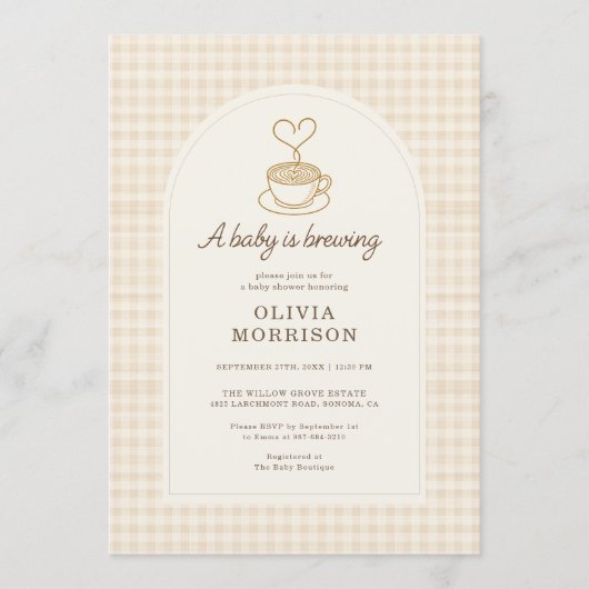 Gingham Baby is Brewing Coffee Baby Shower 招待状 (正面)