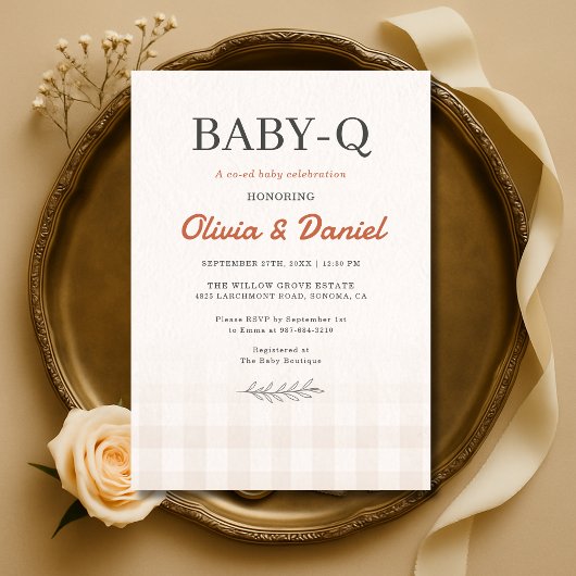 Gingham Baby Q Rustic Couples Baby Shower 招待状