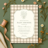 Gingham Beige Ivory Floral Bow Baby Shower 招待状