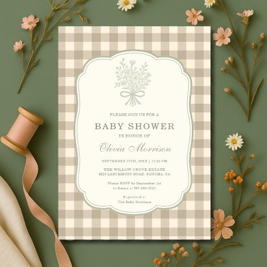 Gingham Beige Ivory Floral Bow Baby Shower 招待状