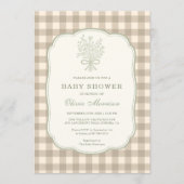 Gingham Beige Ivory Floral Bow Baby Shower 招待状 (正面)