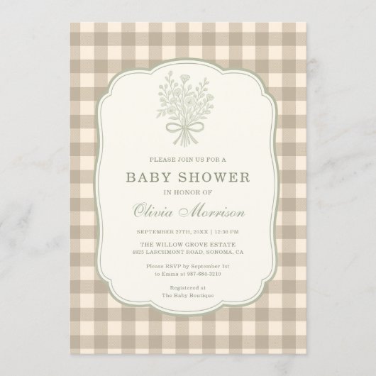 Gingham Beige Ivory Floral Bow Baby Shower 招待状 (正面)