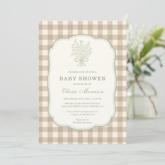 Gingham Beige Ivory Floral Bow Baby Shower 招待状 (スタンド正面)