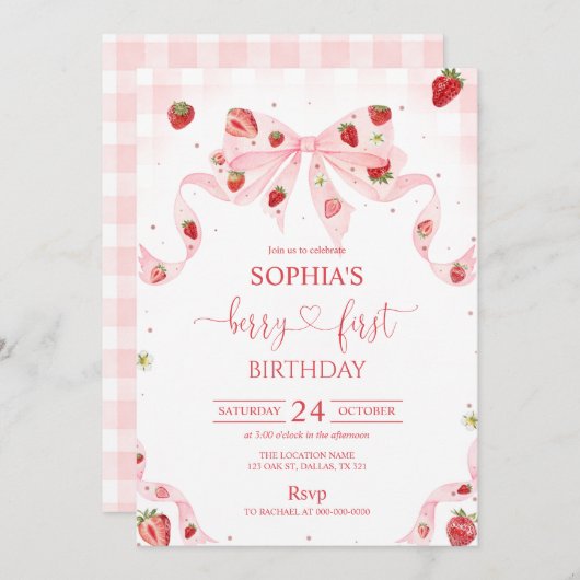 Gingham Berry First Birthday 1st Birthday 招待状 (正面/裏面)