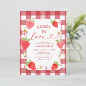 Gingham Berry In Love Red Bow Bridal Shower 招待状 (スタンド正面)