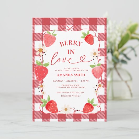 Gingham Berry In Love Red Bow Bridal Shower 招待状 (スタンド正面)