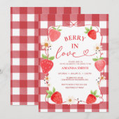Gingham Berry In Love Red Bow Bridal Shower 招待状 (正面/裏面)