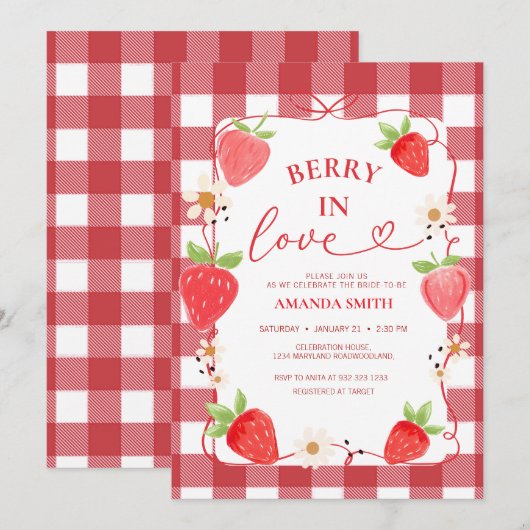 Gingham Berry In Love Red Bow Bridal Shower 招待状 (正面/裏面)