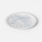Gingham Blue Bow Baby Shower Paper Plates ペーパープレート (アングル)