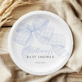 Gingham Blue Bow Baby Shower Paper Plates ペーパープレート