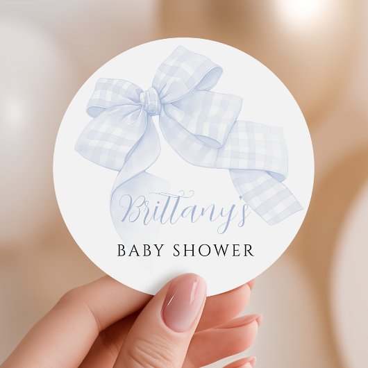 Gingham Blue Bow Baby Shower Stickers ラウンドシール