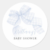 Gingham Blue Bow Baby Shower Stickers ラウンドシール (正面)
