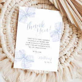 Gingham Blue Bow Baby Shower Thank You Card サンキューカード