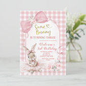 Gingham Blush Pink Floral Bow Bunny Ballerina 招待状 (スタンド正面)