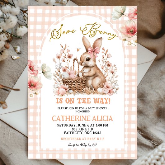 Gingham Boho Floral Easter Bunny Baby Shower 招待状