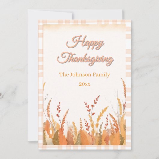 Gingham Boho Pampas Grass Rustic Thanksgiving シーズンカード (正面)