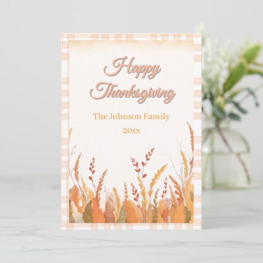Gingham Boho Pampas Grass Rustic Thanksgiving シーズンカード (スタンド正面)