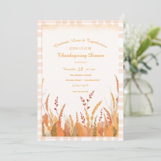 Gingham Boho Pampas Grass Rustic Thanksgiving 招待状 (スタンド正面)
