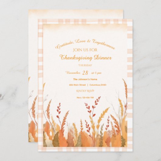 Gingham Boho Pampas Grass Rustic Thanksgiving 招待状 (正面/裏面)
