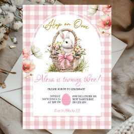 Gingham Boho Pink Bow Floral Easter Bunny Birthday 招待状