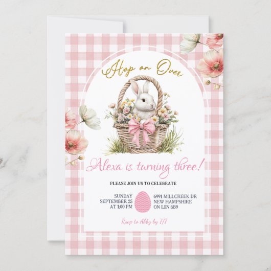 Gingham Boho Pink Bow Floral Easter Bunny Birthday 招待状 (正面)