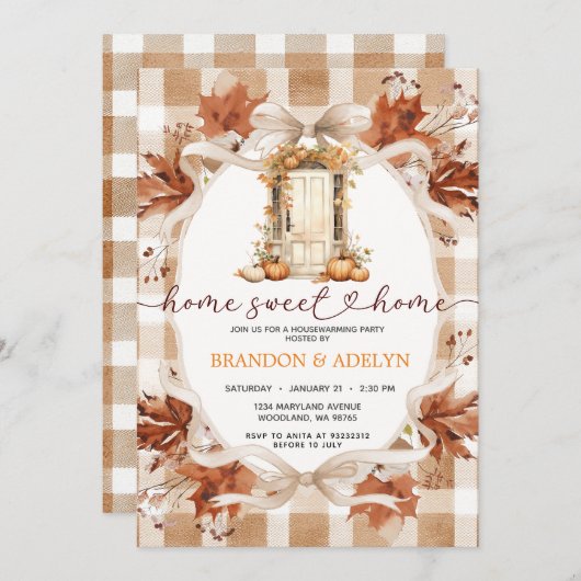 Gingham Boho Pumpkin housewarming party 招待状 (正面/裏面)