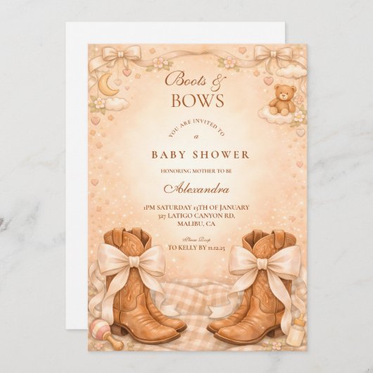 Gingham Boots And Bows Baby Shower 招待状 (正面/裏面)