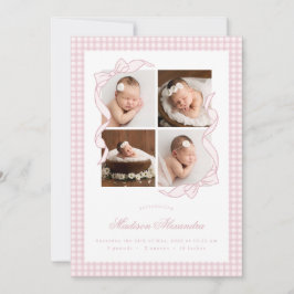 Gingham Bow 4 Frame Photo Birth Announcement 案内状