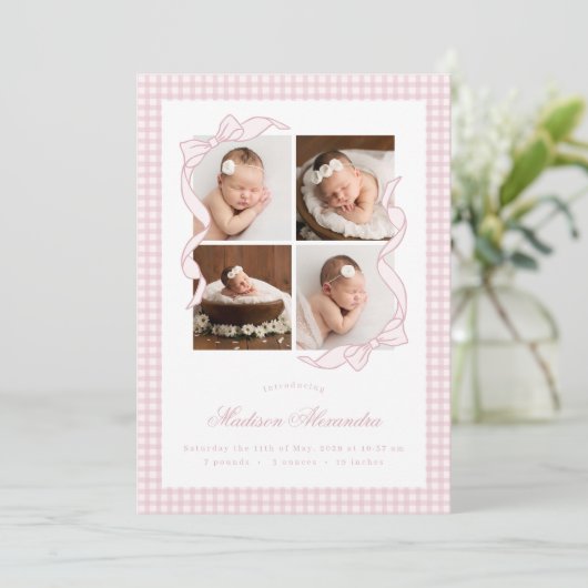Gingham Bow 4 Frame Photo Birth Announcement 案内状 (スタンド正面)