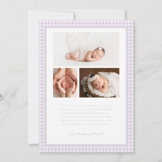 Gingham Bow Photo Birth Announcement 案内状 (裏面)