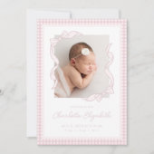 Gingham Bow Photo Birth Announcement 案内状 (正面)