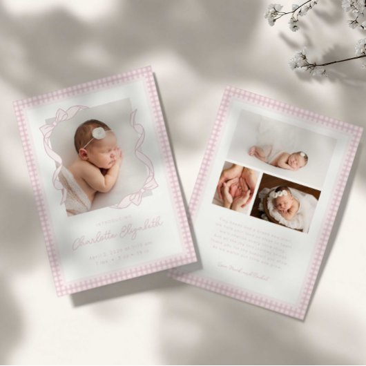 Gingham Bow Photo Birth Announcement 案内状
