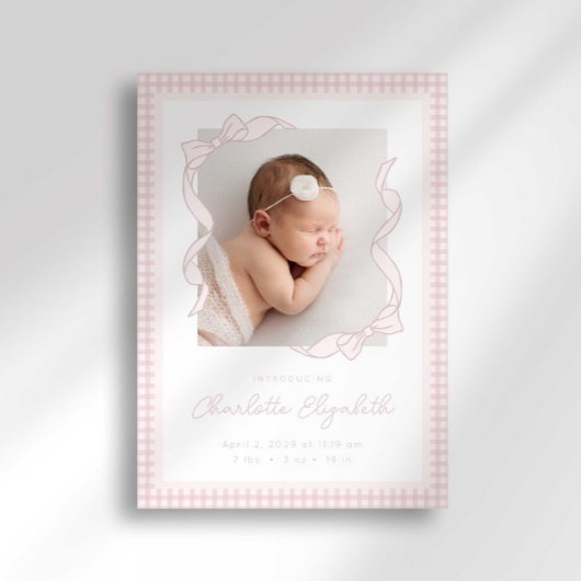 Gingham Bow Photo Birth Announcement 案内状